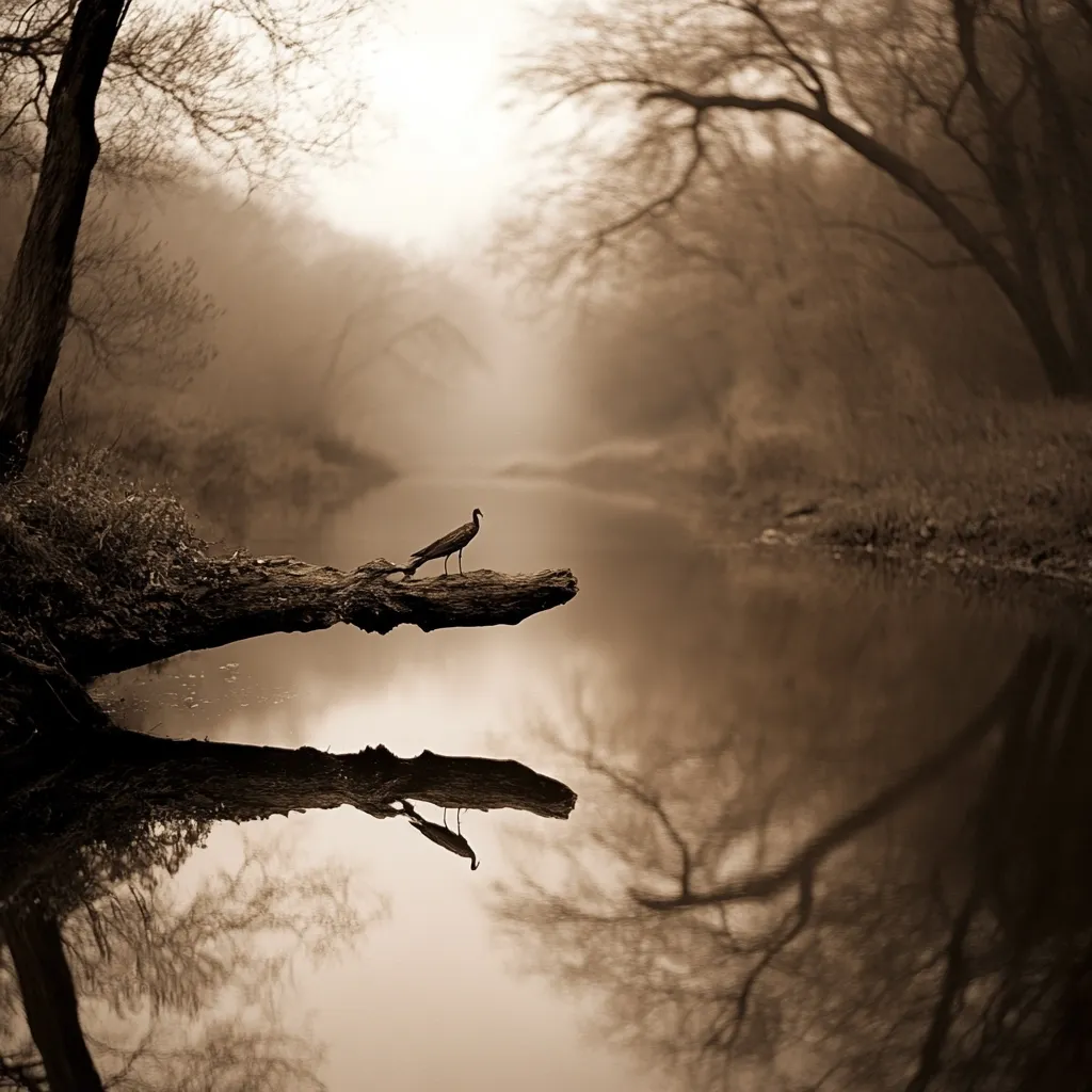 A sepia-toned photograph depicts a tranquil scene. A lone bird perches on a fallen log extending over a calm river.  Misty fog hangs in the air, obscuring the background of bare, winter trees. The water reflects the scene perfectly, creating a mirror image of the log, bird, and trees.  The overall atmosphere is serene and peaceful.