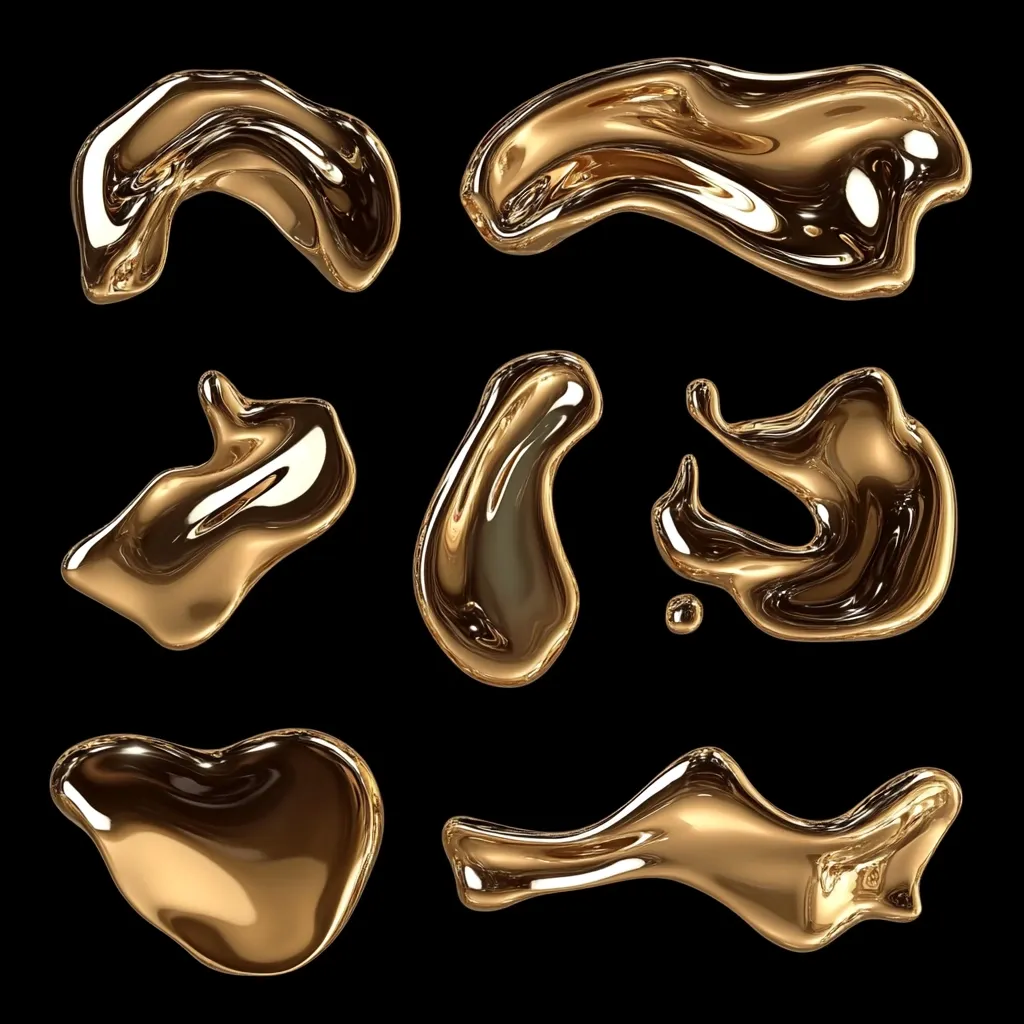 Eight glossy, golden liquid shapes are arranged against a black background.  They vary in form, from curved and elongated to more compact and heart-like. The metallic sheen and realistic rendering give the impression of molten gold or a similar viscous substance.  The image is visually striking and could be used for design or abstract art.