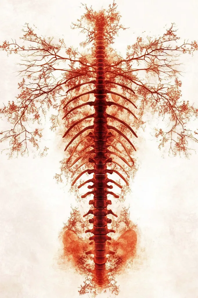A stylized image depicts a human spine and ribcage overlaid with the branches of a tree.  The red-toned artwork suggests a connection between the human body and nature.  The spine forms the central trunk of the tree, with ribs branching out like limbs. The overall effect is both anatomical and artistic, creating a surreal and symbolic representation.