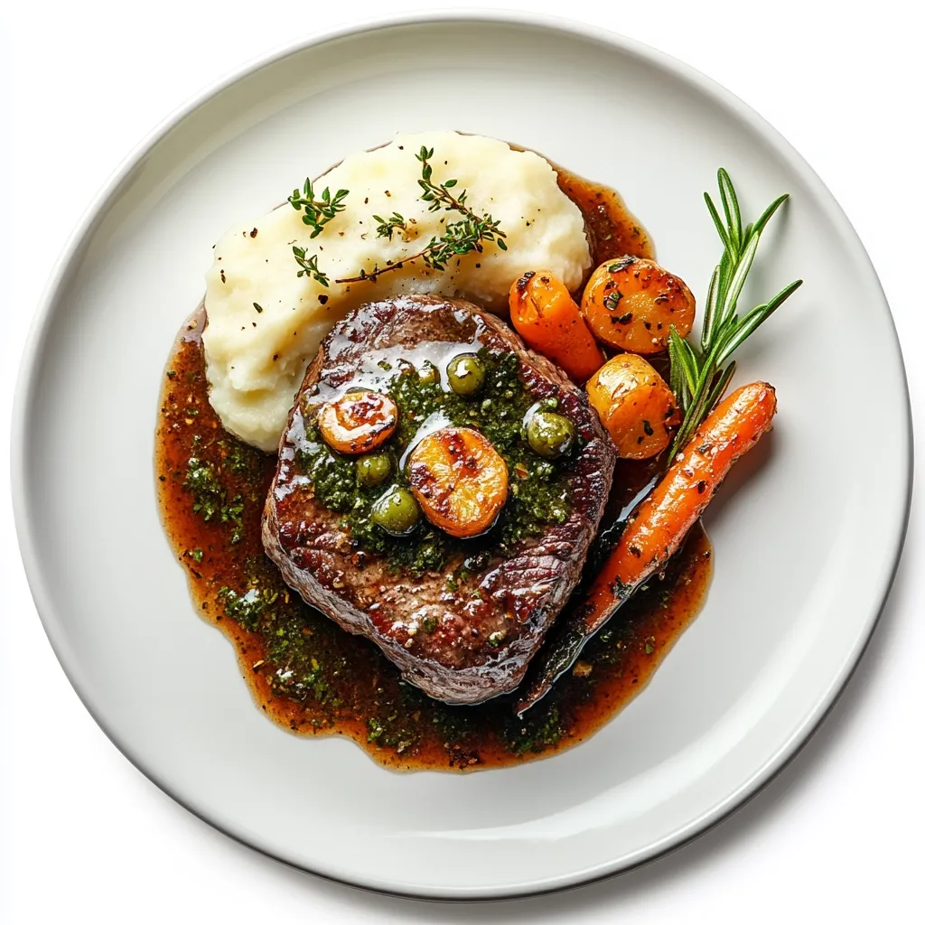 A delicious-looking pan-seared steak is the centerpiece of this plated meal.  It's topped with a vibrant green herb sauce and accompanied by creamy mashed potatoes, roasted carrots, and a sprig of rosemary. The rich brown gravy adds depth to the presentation, making it a visually appealing and savory dish.