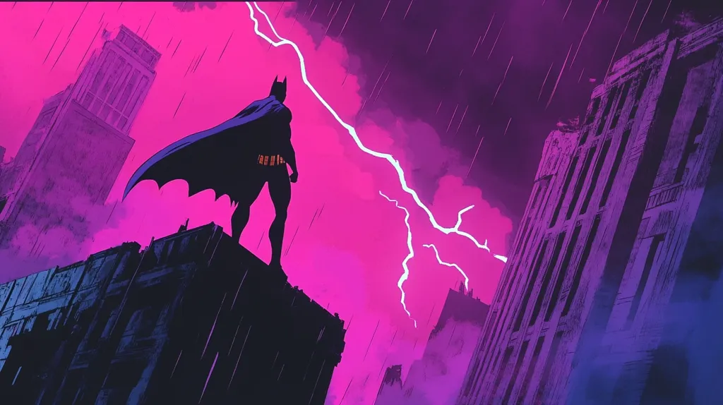 A stylized illustration depicts Batman standing atop a building in a rain-swept city under a vibrant pink sky slashed with lightning.  The dark silhouette of the caped crusader contrasts sharply against the neon-like backdrop. Rain streaks downward, adding to the dramatic atmosphere.  The city's architecture is rendered in shades of purple and dark blues, enhancing the moody, nocturnal setting.