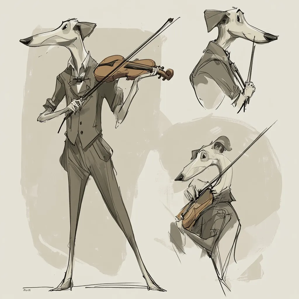 The image showcases three stylized sketches of anthropomorphic greyhounds.  The central figure, prominently featured, plays a violin with elegant posture and formal attire.  Two smaller sketches depict additional greyhounds, one seemingly conducting and the other playing the violin from a different perspective, possibly suggesting different poses or stages of movement for animation. The style is loose and expressive, with a muted color palette emphasizing the form and movement of the canine musicians.