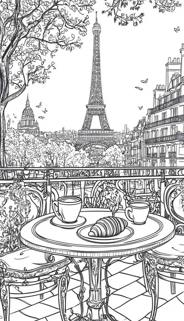 A Parisian balcony scene is depicted in a black and white drawing.  Two ornate chairs sit around a small table set for two, with coffee cups and a croissant.  The Eiffel Tower is visible in the background, along with Parisian buildings and a blossoming tree, creating a romantic and peaceful atmosphere.  The style is reminiscent of a coloring book page.