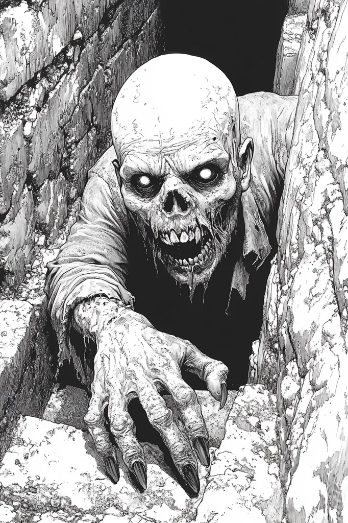A terrifying black and white illustration depicts a decomposing zombie emerging from a crumbling brick wall. Its skeletal face, glowing eyes, and decaying flesh are vividly detailed.  The zombie's clawed hand reaches out, adding to the image's unsettling atmosphere. The contrast between the creature and the rough texture of the wall enhances the horror.  The artwork is meticulously rendered, showcasing fine lines and shading.