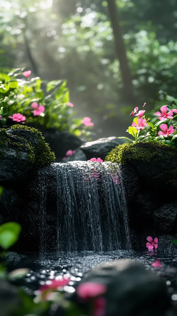 A serene waterfall cascades down moss-covered rocks, its water sparkling in the sunlight.  Vibrant pink flowers, possibly periwinkles, bloom lushly around the falls, adding a touch of color to the tranquil scene.  The background is blurred, suggesting a deep, verdant forest.  The overall mood is one of peace and natural beauty.