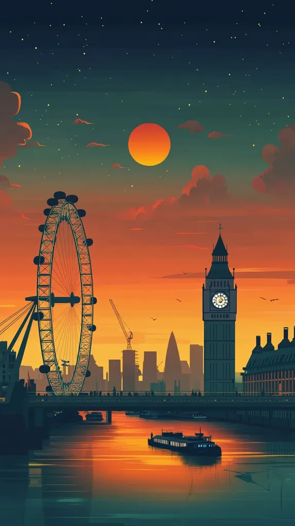 A stylized illustration of London at sunset.  The London Eye, Big Ben, and other landmarks are silhouetted against a vibrant orange sky and large, low-hanging sun.  A bridge spans the Thames River, with boats visible on the water.  The scene is peaceful and atmospheric, enhanced by a starry night sky.  The overall aesthetic is modern and graphic.