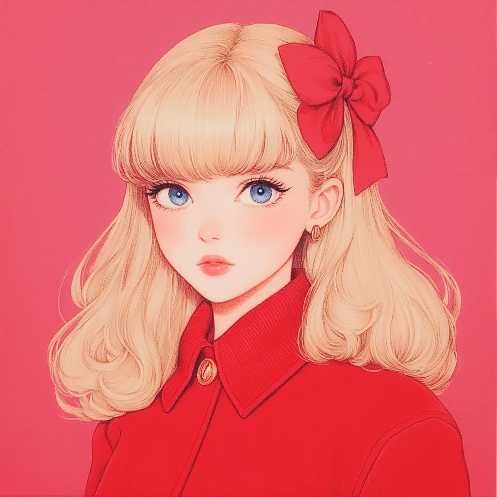 A stylized illustration of a young woman with blonde, wavy hair and a red bow in her hair.  She has large, expressive blue eyes and is wearing a red collared jacket. The style is reminiscent of anime or digital painting, with soft features and a vibrant color palette. The background is a solid, bright pink.