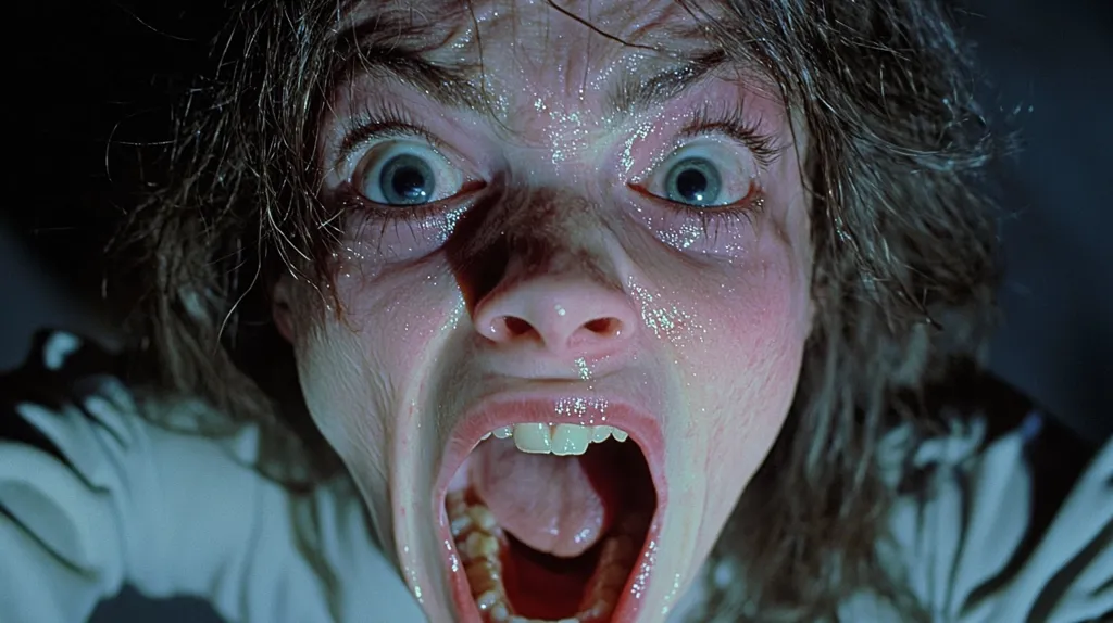 A close-up shot captures a person's face, drenched in sweat, with wide, terrified eyes and an open mouth revealing teeth.  Their expression is one of intense fear and distress.  Wet hair frames the face, adding to the overall feeling of panic and vulnerability. The image is dark and moody, enhancing the dramatic effect.