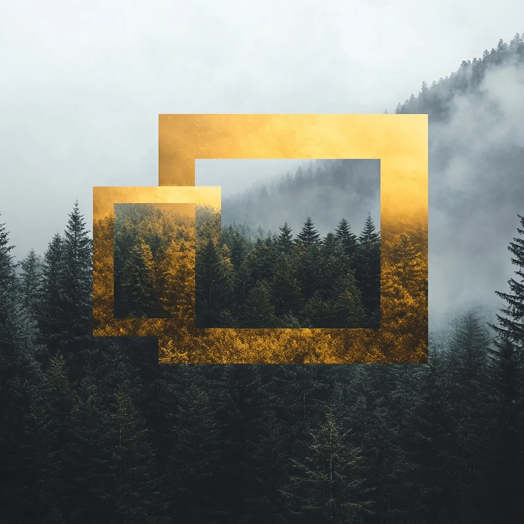 A misty forest scene is framed by two overlapping gold rectangles.  The larger rectangle encompasses a significant portion of the evergreen trees, partially obscured by fog.  A smaller rectangle within the larger one highlights a denser section of the forest. The gold frames add a touch of artistic elegance to the natural landscape.