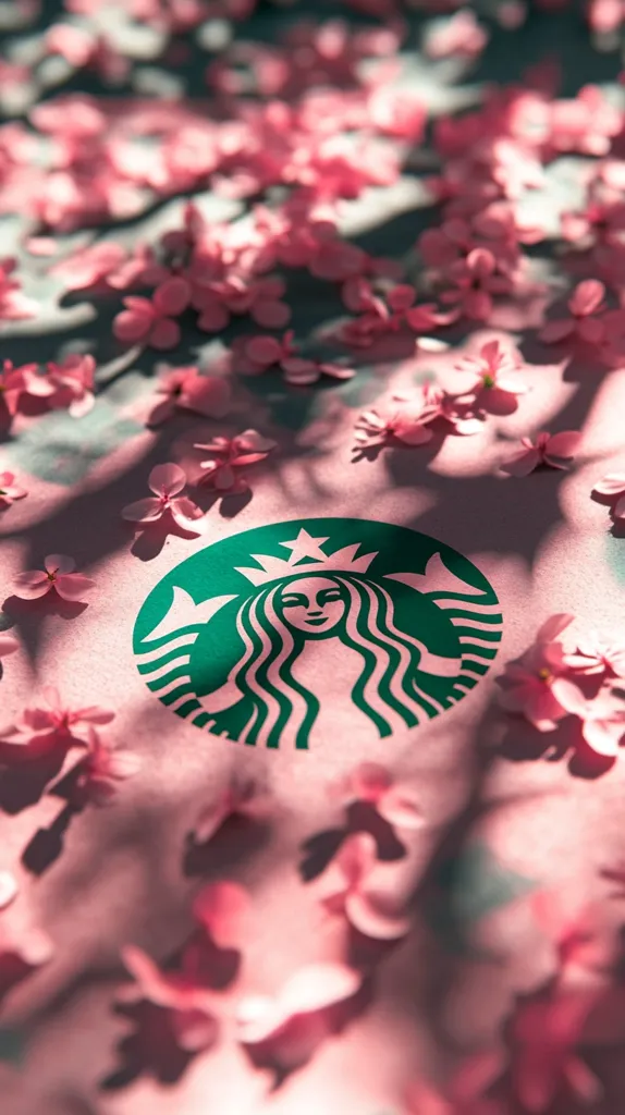 The Starbucks logo is prominently displayed on a light pink surface, adorned with scattered pink cherry blossoms.  Soft sunlight casts delicate shadows across the scene, creating a serene and aesthetically pleasing image. The blossoms are softly out of focus, drawing attention to the crisp Starbucks logo in the center. The overall impression is one of springtime tranquility and gentle beauty.