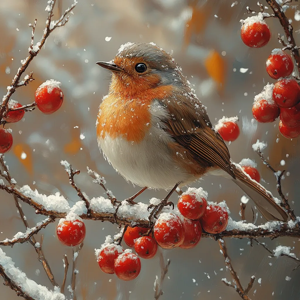A European robin perches on a snow-dusted branch laden with bright red berries.  The bird, covered in a light dusting of snow, is vividly detailed, showcasing its orange breast and brown wings.  The background is blurred, suggesting a winter scene with falling snow.  The overall impression is one of peaceful winter beauty.