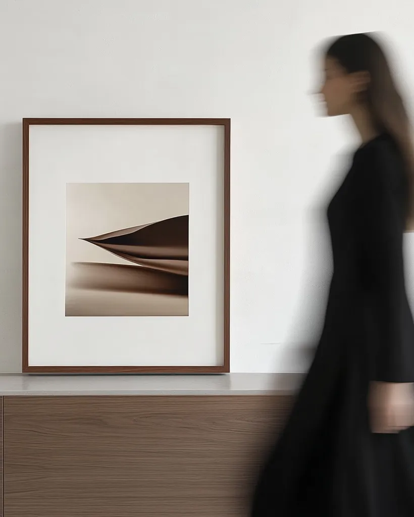 A minimalist brown wooden frame displays a monochromatic photograph of an abstract, flowing, brown form against a lighter background. The image has a calm, serene atmosphere. A blurred figure of a woman in a black dress walks past, suggesting movement and contrast to the stillness of the artwork.  The picture is displayed on a light grey countertop against a white wall.