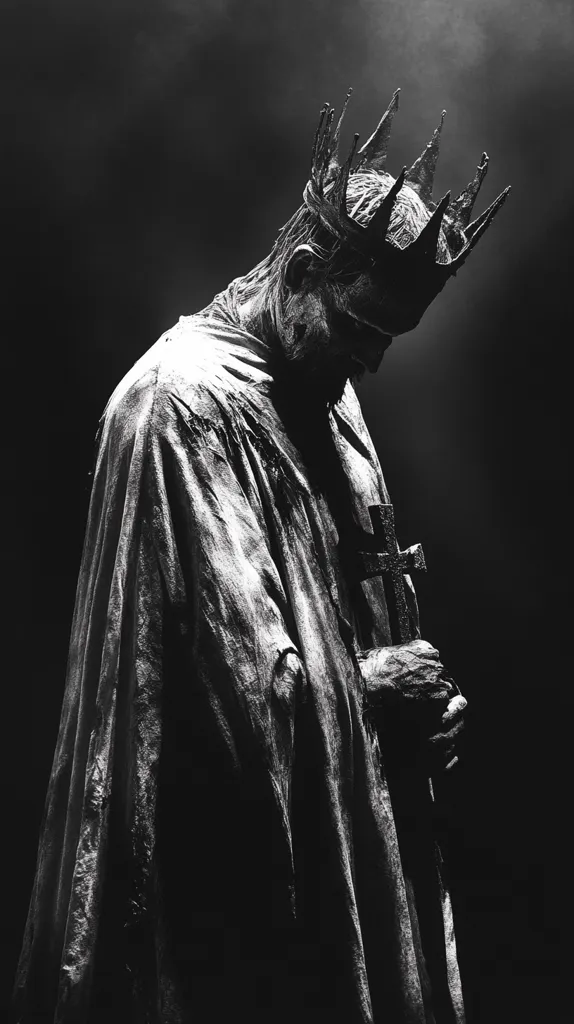 A monochromatic image depicts a statue of a crowned figure, cloaked and holding a cross. The figure is bowed, head lowered in a somber pose.  The texture of the statue is heavily emphasized, creating a sense of age and weight. The background is dark and smoky, enhancing the dramatic effect. The overall mood is one of solemnity and possibly grief or repentance.