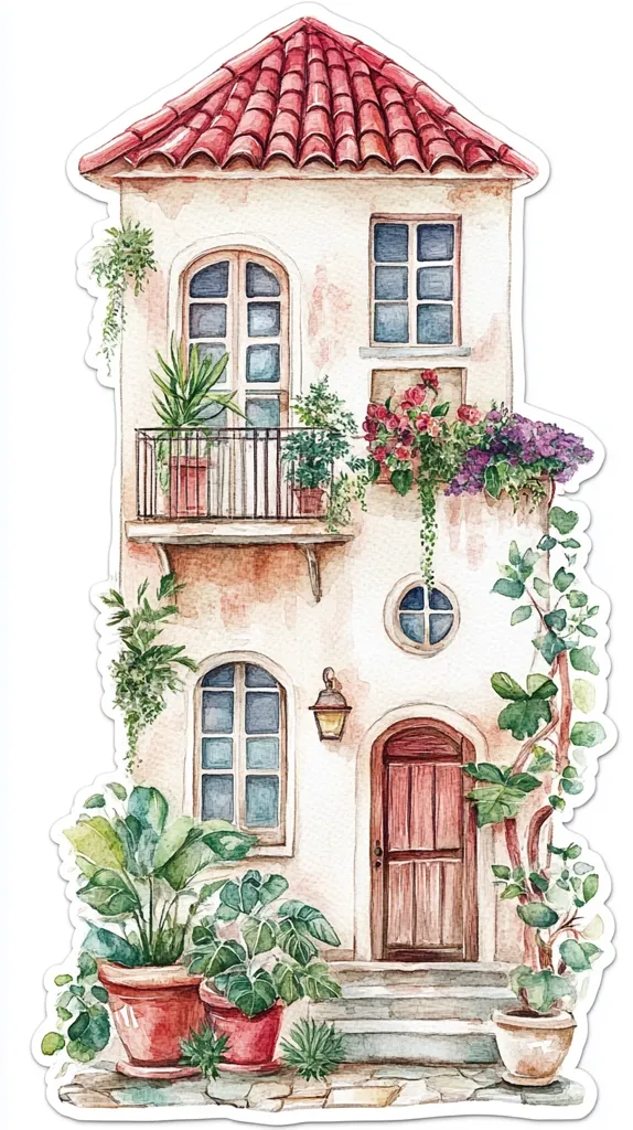 A watercolor painting depicts a charming two-story house with a red tile roof.  The building features a balcony adorned with flowering plants, large windows, and a wooden door. Lush greenery surrounds the house, adding to its quaint and inviting atmosphere.  The style is reminiscent of Mediterranean architecture, with soft colors and delicate details.  Potted plants are arranged at the base, enhancing the overall serene scene.