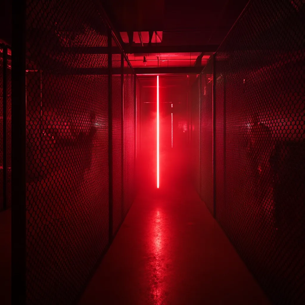 A long corridor, enclosed by dark metal mesh walls, is bathed in an intense red glow. A single, vertical red light illuminates the path, creating a dramatic and mysterious atmosphere.  The air appears hazy with red light, enhancing the sense of depth and intrigue. The overall effect is stark, minimalist, and slightly ominous.