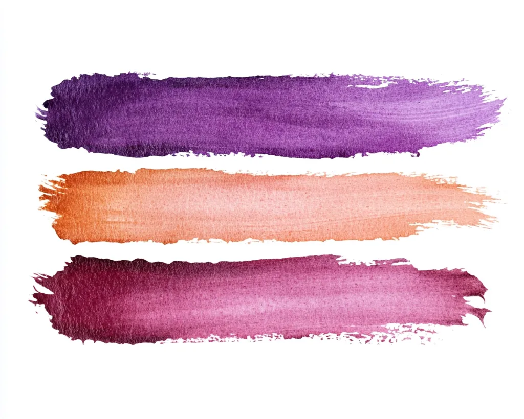 Three horizontal brush strokes of watercolor paint are shown against a white background.  The top stroke is a deep purple, the middle is a peachy orange, and the bottom is a deep burgundy that fades to pink. The strokes are textured and slightly uneven, indicative of a hand-painted style.  The colors are rich and saturated.