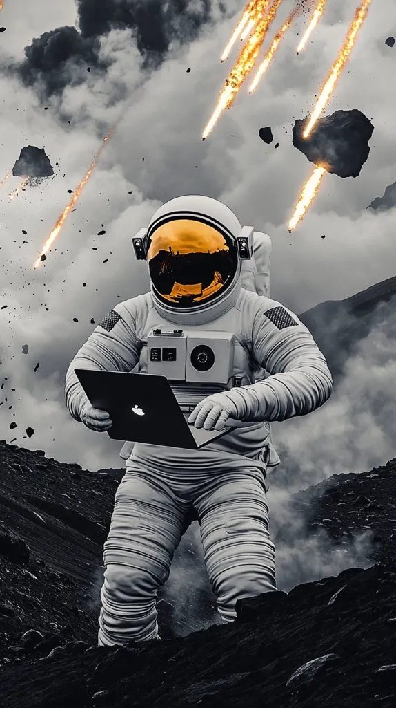 An astronaut in a white spacesuit traverses a dark, rocky landscape under a stormy sky.  Fiery meteor trails streak across the ominous clouds, showering debris onto the desolate terrain.  The astronaut calmly works on a laptop, seemingly unfazed by the apocalyptic scene surrounding them.  The image evokes a sense of solitude and resilience in the face of overwhelming odds.