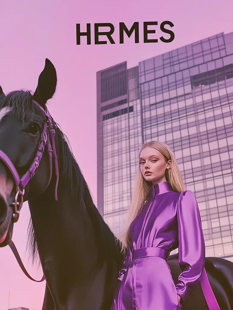 A fashion advertisement for Hermès features a young woman in a vibrant purple satin jumpsuit. She stands beside a black horse,  against a backdrop of a modern glass building.  The image evokes a sense of elegance and sophistication, reflecting Hermès' luxury brand identity. The soft pink sky adds a dreamy quality to the overall aesthetic.