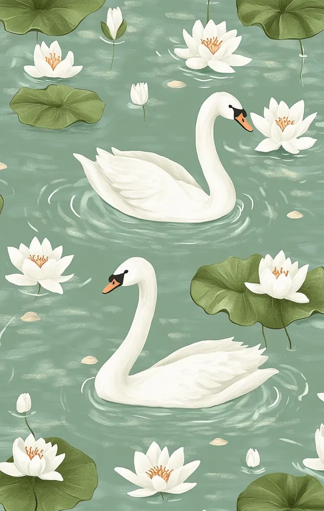 Two graceful white swans glide serenely across a tranquil pond, their elegant forms reflected in the calm water.  Surrounding them, vibrant white water lilies bloom amidst lush green lily pads, creating a peaceful and picturesque scene. The soft, muted green of the water enhances the serene atmosphere of this idyllic setting.