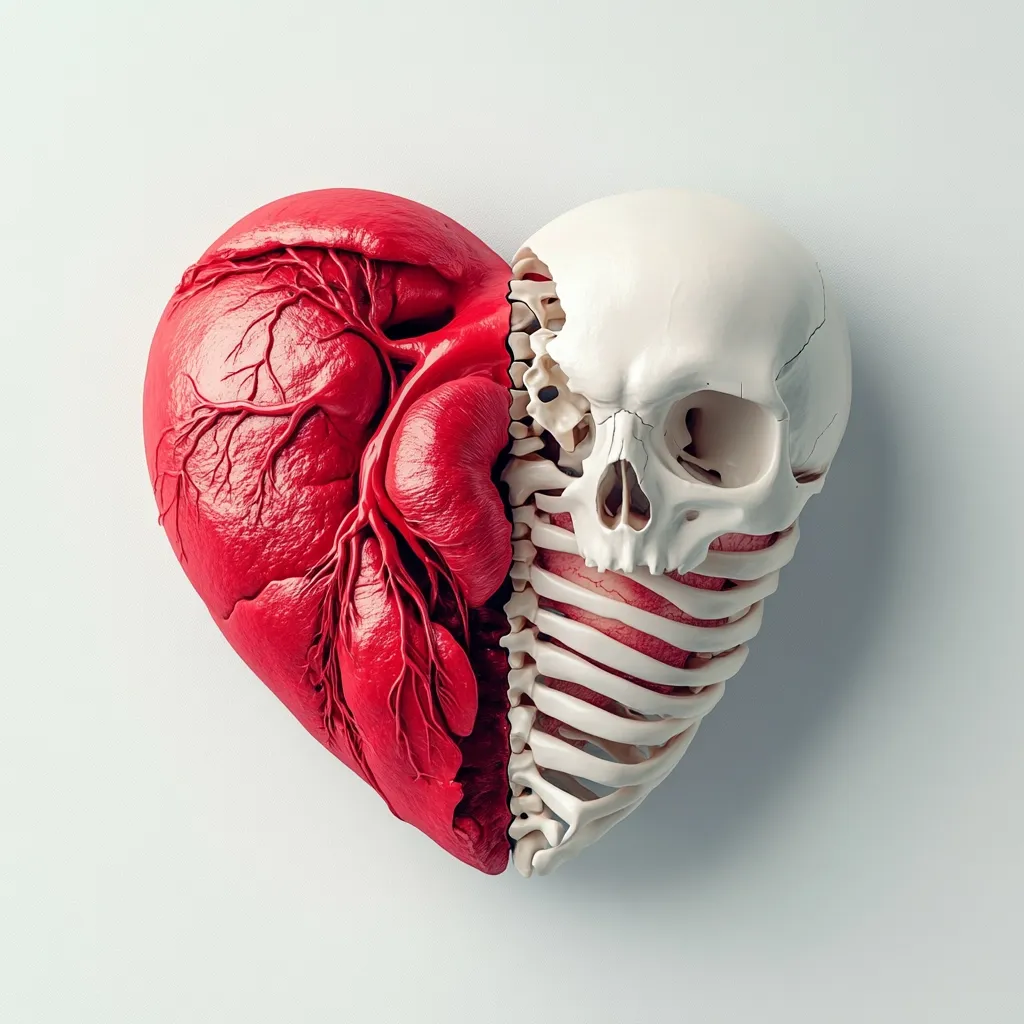 A striking image depicts a heart formed from a realistic anatomical model of a human heart and ribcage.  Half the heart is a detailed rendering of a beating heart, complete with visible veins and arteries, while the other half is a human skull and upper ribcage. The juxtaposition creates a powerful visual metaphor about mortality and the fragility of life. The image is set against a plain white background, making the anatomical details stand out.