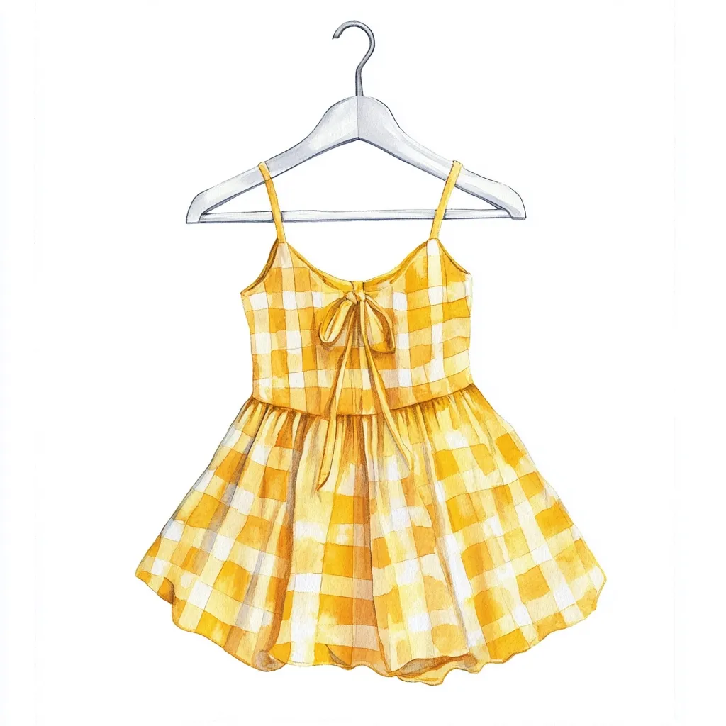 A watercolor painting depicts a yellow gingham sundress hanging on a white clothes hanger.  The dress is sleeveless with a fitted bodice and a gathered skirt.  The back features a simple bow made from the straps.  The overall style is sweet and summery, perfect for warm weather.