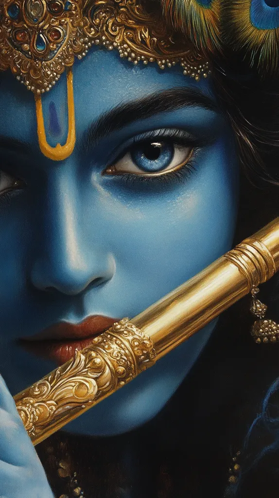 A close-up depiction of Krishna, the Hindu deity, playing a flute.  His skin is a vibrant blue, adorned with ornate golden jewelry.  The detail highlights his expressive eyes and the intricate carvings on the flute.  Peacocks feathers are visible in his headdress, adding to the rich imagery.  The overall aesthetic is one of beauty and spiritual devotion.