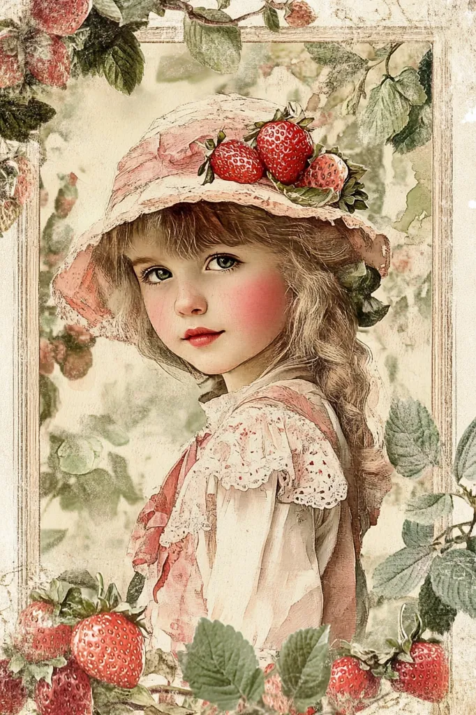 A charming vintage-style illustration depicts a young girl with rosy cheeks, wearing a pink sun hat adorned with strawberries.  Her light blonde hair cascades down her shoulders. She is dressed in a delicate, lace-trimmed dress, surrounded by lush strawberry plants. The image evokes a feeling of idyllic childhood innocence within a rustic, slightly faded aesthetic.