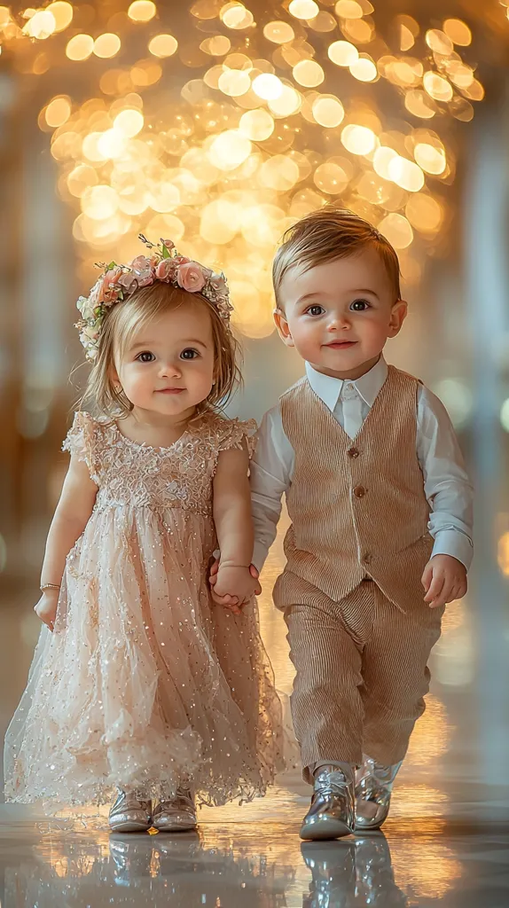 A charming toddler girl in a sparkly, light-beige dress and flower crown walks hand-in-hand with a stylish toddler boy in a beige vest and trousers.  They are both wearing shiny silver shoes.  A warm, blurry background of golden bokeh lights creates a magical, fairytale atmosphere.  The children appear to be close in age and share a sweet bond.