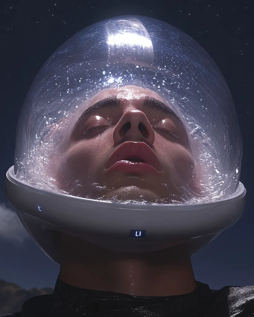 A person's head is encased in a clear, dome-shaped device filled with water.  The individual's eyes are closed, and their face is serene.  The device appears futuristic and technological, possibly related to skincare or therapy. The background is a dark, starry night sky, contrasting with the bright, translucent dome.  The overall image is surreal and evokes a sense of otherworldliness.