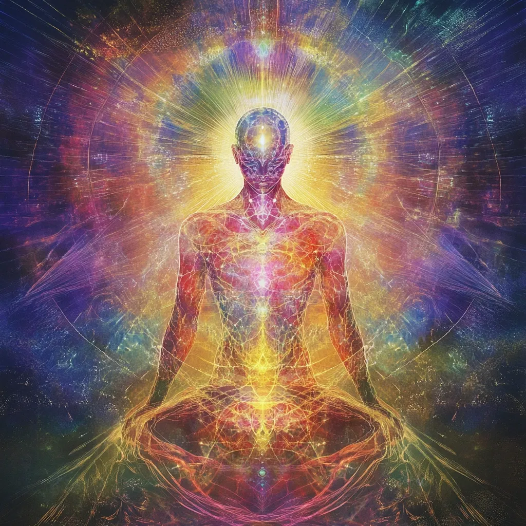 A radiant figure sits in a meditative pose, enveloped in a vibrant aura of multicolored light and energy.  Intricate lines trace the body, suggesting interconnectedness.  The figure's head is crowned with a brilliant light, symbolizing enlightenment or spiritual awakening.  The background is a swirling cosmic scene of deep purples, golds, and blues, creating a mystical and powerful image.