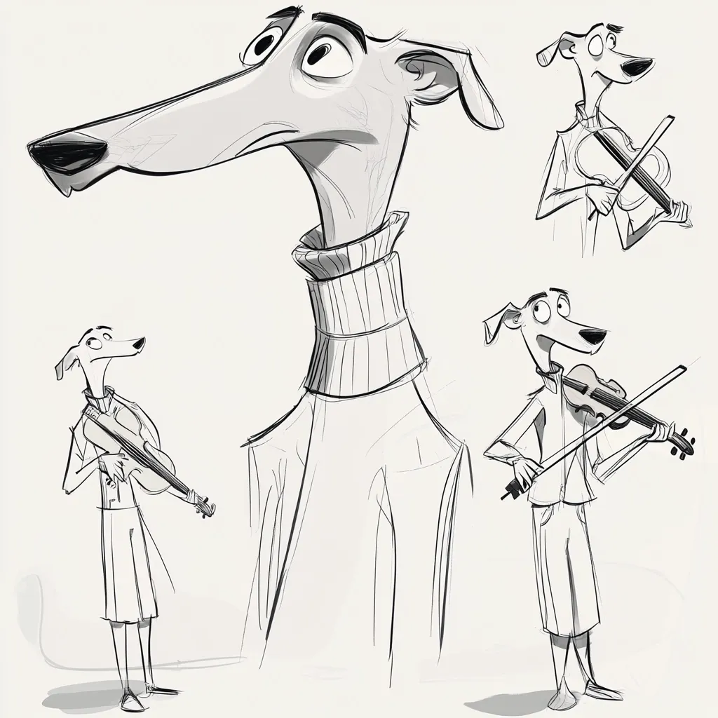 A sketch shows a stylized greyhound in various poses.  One large image depicts the dog from the neck up, wearing a turtleneck.  Three smaller images show the dog playing a violin, each in a slightly different pose and perspective. The style is loose and expressive, focusing on character and movement.  The sketches are in grayscale, emphasizing form and line.