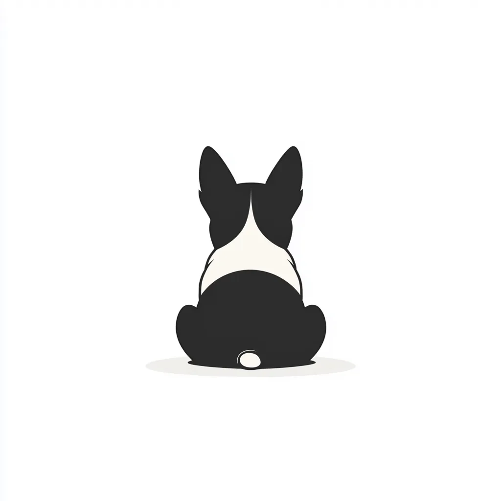 A minimalist illustration of a French Bulldog viewed from behind.  The dog is depicted in black and white, sitting with its tail visible.  The simple design and solid colors create a clean and modern aesthetic, suitable for various applications like logos or pet-related merchandise.  The image is set against a plain white background.