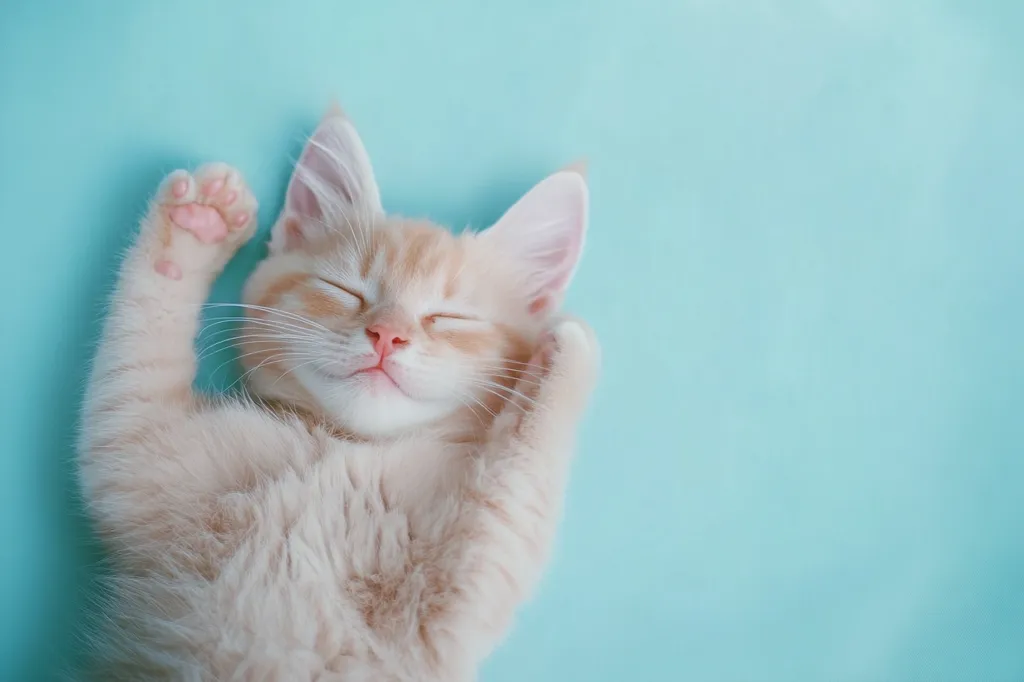 An adorable cream-colored kitten sleeps peacefully on a light blue background.  Its eyes are closed, and its paws are gently raised. The kitten's soft fur is visible, and its relaxed posture conveys a sense of contentment and calm. The image is soft and serene, emphasizing the kitten's cuteness.
