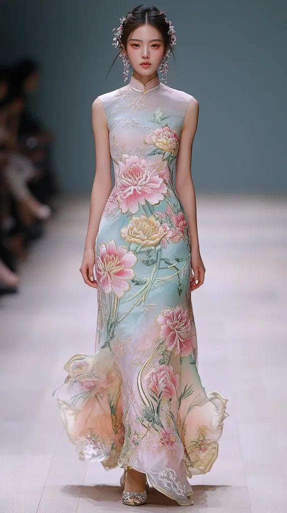 A model gracefully walks down a runway, showcasing a stunning pastel-colored qipao.  The floor-length dress features exquisite floral embroidery, predominantly peonies, in delicate shades of pink and gold against a soft blue-green background. The sheer fabric adds a romantic touch to the traditional Chinese design, creating a modern yet elegant look. The model's hair is styled elegantly, and delicate earrings complement the dress.