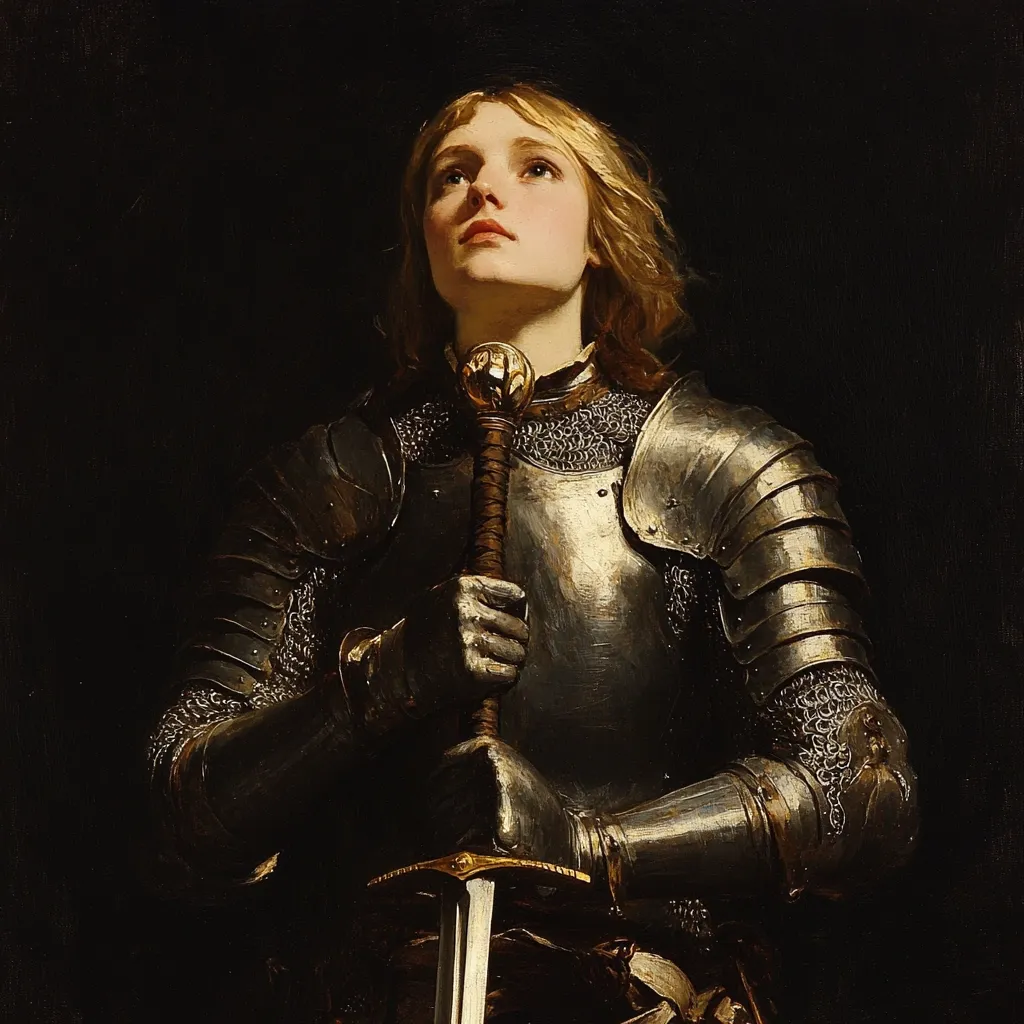 A painting depicts a young woman clad in shining plate armor, her gaze lifted heavenward.  She holds a sword upright, her hands gloved, the hilt resting against her chest. The dark background contrasts sharply with the metallic sheen of her armor and the soft light illuminating her face, creating a dramatic and spiritual atmosphere.  The image evokes a sense of piety and courage.