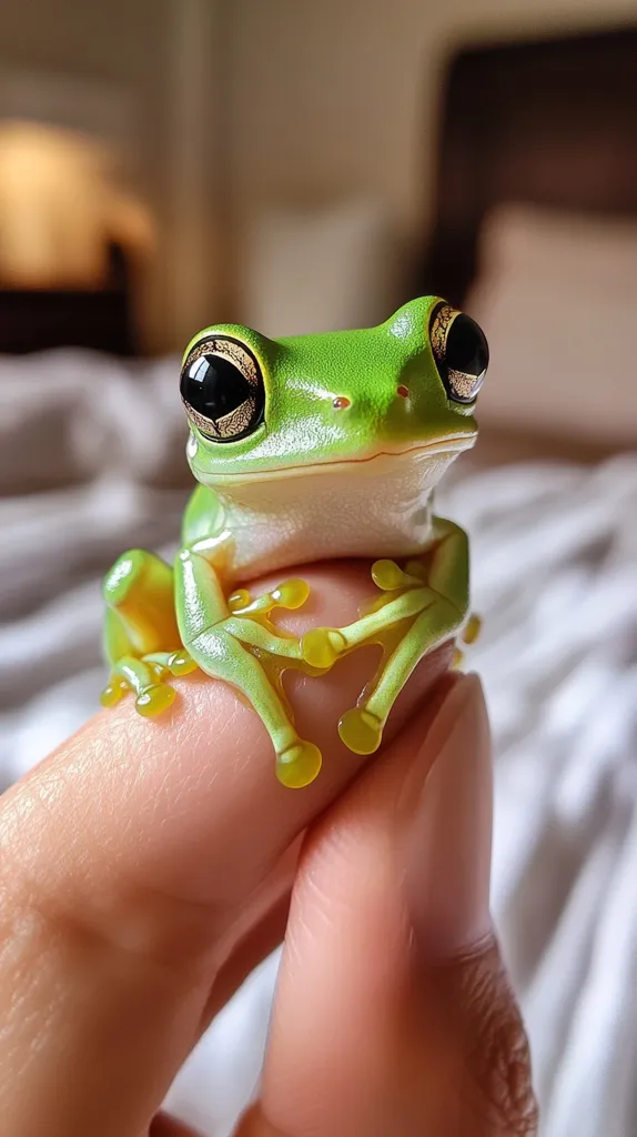 A tiny, bright green tree frog sits perched on a person's finger.  Its large, expressive eyes and small, suction-cupped toes are clearly visible. The frog's vibrant color contrasts beautifully against the pale skin of the finger and the soft, out-of-focus background.  The image evokes a sense of gentleness and wonder.