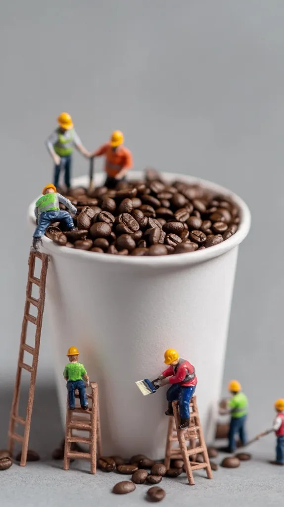 Miniature construction workers are hard at work around a large cup overflowing with coffee beans.  Some workers use ladders to scale the cup, while others appear to be painting or performing maintenance. The scene is playfully scaled, creating a humorous contrast between the tiny figures and the large cup of coffee.  The overall image is vibrant and detailed, with a focus on the miniature workers and their activities.