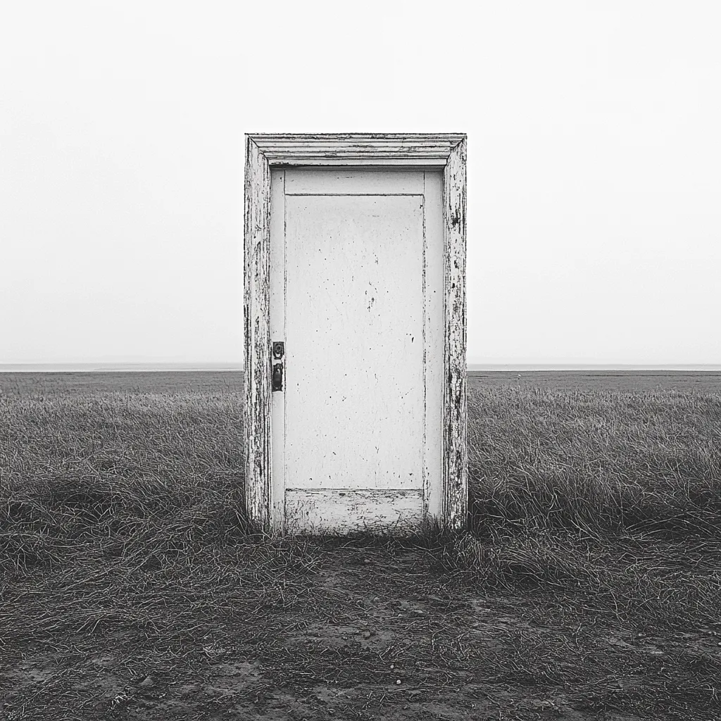 A weathered white door, seemingly freestanding, sits in a desolate, grassy field.  The monochrome image emphasizes the door's isolation against a hazy horizon.  The door's aged condition and lonely placement create a sense of mystery and potential, suggesting a journey or transition.  The overall tone is melancholic and evocative.