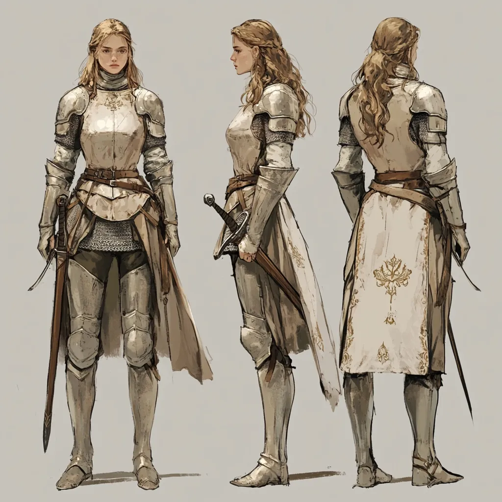 A female knight is depicted in three-quarter views, showcasing her cream-colored armor.  The artwork highlights the detail of the armor, including chainmail and plate, and a long, ornate surcoat.  She carries a sword, her blonde hair styled differently in each pose. The style is reminiscent of fantasy character design, emphasizing both elegance and combat readiness.
