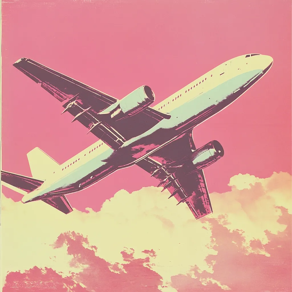 A stylized illustration depicts a passenger jet in flight against a vibrant pink sky. The plane is rendered in muted pastel tones of teal and purple, creating a retro aesthetic.  Fluffy, pale yellow clouds partially obscure the lower portion of the image, contrasting with the bold background color. The overall impression is one of dynamic movement and nostalgic travel.