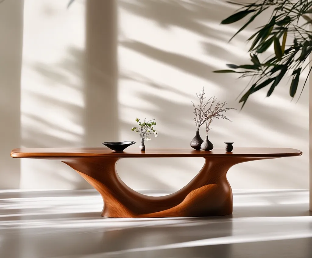 A sleek, modern wooden dining table takes center stage. Its unique, sculpted base contrasts with the smooth, rectangular top.  Small vases and a bowl, holding delicate floral arrangements and branches, are artfully arranged on the table's surface.  Sunlight streams in, casting shadows on the wall, enhancing the minimalist aesthetic.  The overall scene is one of calm sophistication and understated elegance.
