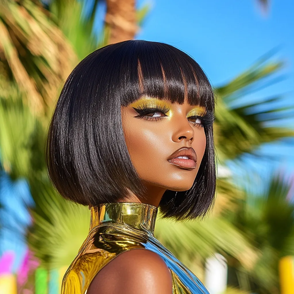 A young woman with dark skin poses against a bright, sunny backdrop of palm trees.  She sports a blunt black bob with bangs, and striking gold eyeshadow. Her outfit includes a gold metallic high-necked top. The overall aesthetic is glamorous and bold, with a focus on her makeup and hairstyle.  The image is sharply focused and well-lit.