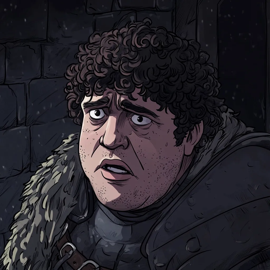 A stylized illustration depicts a worried-looking man, possibly inspired by a Game of Thrones character.  He's stout with curly brown hair, wearing a dark armored tunic and a fur-lined collar. His expression conveys fear or apprehension, his eyes wide and mouth slightly open. The dark background suggests a nighttime setting, possibly outdoors. The art style is reminiscent of comic book illustrations.