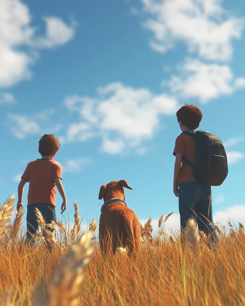 Two boys and their brown dog stand in a tall, golden field, gazing towards a bright, partly cloudy sky.  The older boy carries a backpack.  The scene evokes a feeling of freedom and adventure, with the vastness of the sky contrasting the intimate companionship of the trio. The setting sun casts a warm glow over the landscape.