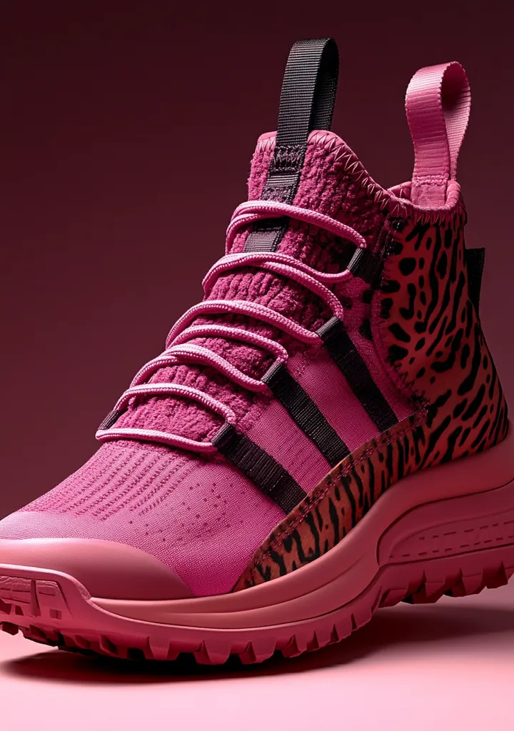 A close-up showcases a vibrant pink high-top sneaker.  The shoe features a textured pink upper with black accents, and a contrasting animal print detail on the heel and side.  A chunky, rugged sole suggests outdoor capability. The laces are a matching pink, and the pull tab is black.  The overall design is bold and playful.