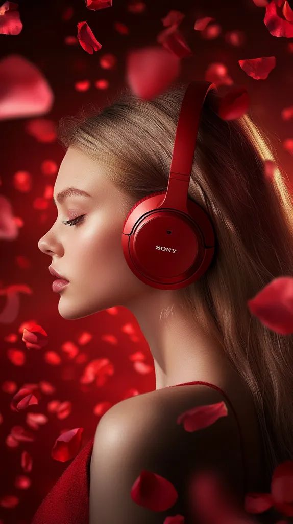 A young woman with long blonde hair wears red Sony headphones.  She is captured in profile, eyes closed, seemingly lost in the music.  The background is a dramatic red, filled with falling rose petals, creating a romantic and sensual atmosphere. The image focuses on the headphones and the model's serene expression.