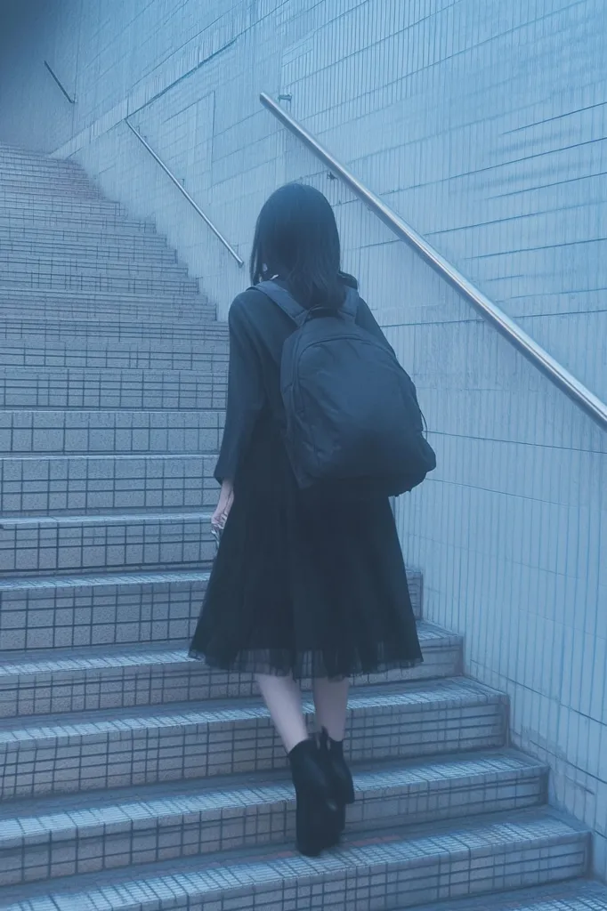 A young woman with dark hair, wearing a black dress and carrying a black backpack, ascends a tiled staircase outdoors.  The stairs are bordered by metal railings, and the overall color palette is muted blues and greys.  She wears black ankle boots and walks away from the camera. The scene is atmospheric and slightly melancholic.