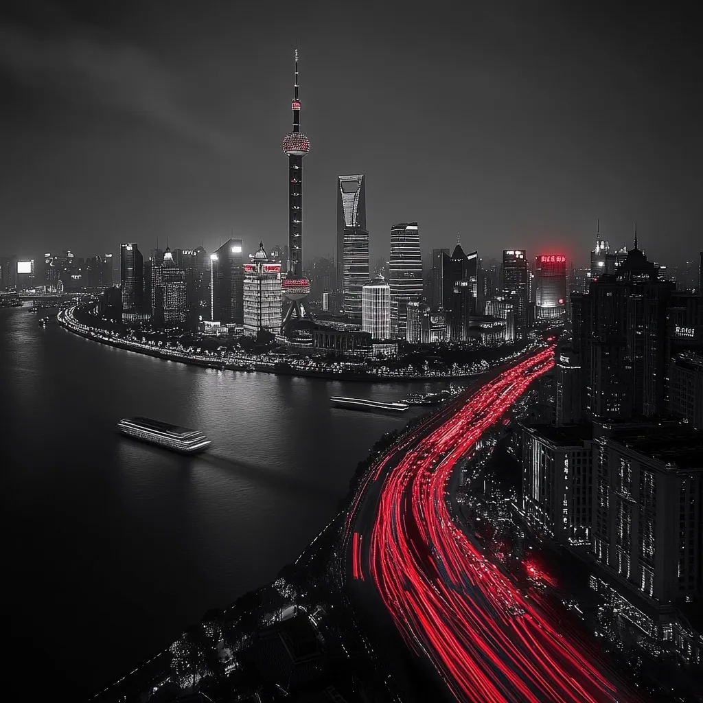 A nighttime aerial view of Shanghai's skyline, predominantly in monochrome except for vibrant red streaks of light trailing along a curving highway. The Pearl Tower stands tall, surrounded by illuminated skyscrapers nestled along a dark river.  A lone vessel navigates the waterway, adding to the city's nocturnal ambiance. The contrast between the dark city and the red light trails creates a striking visual effect.