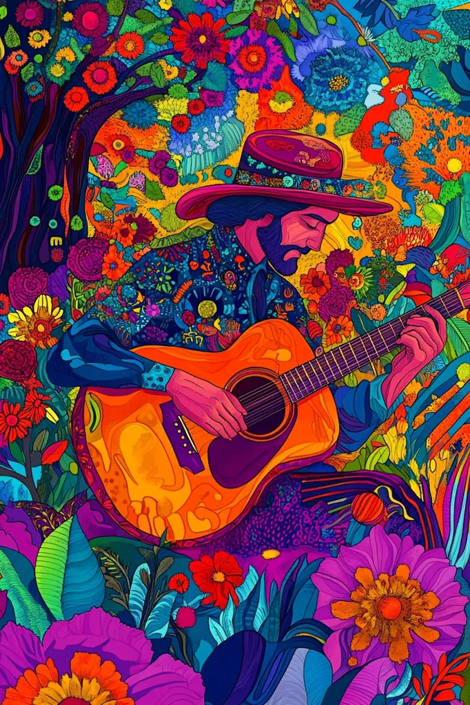 A vibrant, psychedelic illustration depicts a man in a wide-brimmed hat playing an acoustic guitar amidst a lush, colorful garden.  The artwork is rich with intricate details, featuring a profusion of flowers and leaves in a rainbow of hues.  The overall style is reminiscent of 1960s counterculture art, with bold lines and saturated colors creating a dreamlike atmosphere.  The musician's expression is serene, lost in the music and the beauty of his surroundings.
