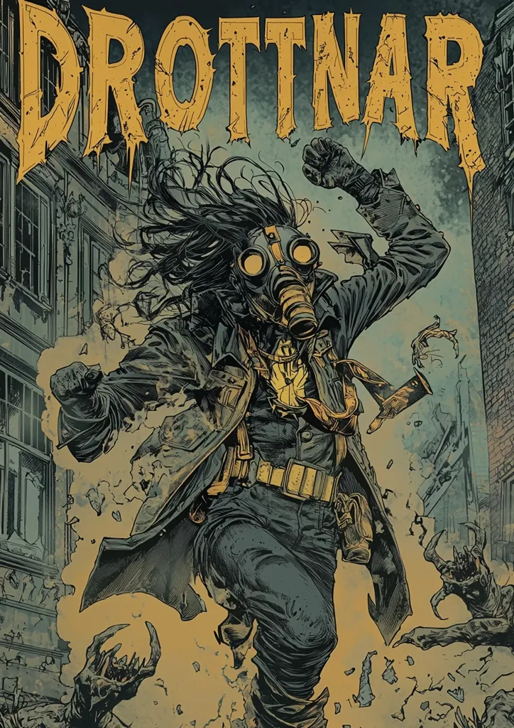 A striking illustration showcases a figure, possibly a protagonist, in a gas mask, leaping through a dilapidated urban landscape.  The title "DROTTNAR" is prominently displayed above. The character's long, windblown hair and determined expression convey a sense of action and struggle.  Surrounding the central figure are monstrous creatures, suggesting a post-apocalyptic or horror setting. The artwork's style is gritty and detailed, with a muted color palette enhancing the atmosphere.
